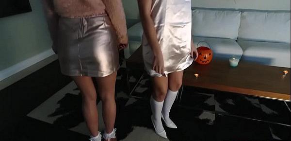  Nasty teens hype their halloween party with a big cock